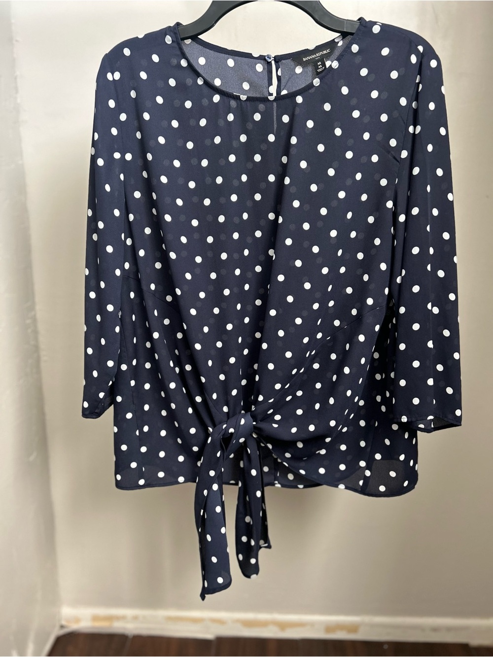Banana Republic Navy and White Polka Dot Tie-Front Blouse